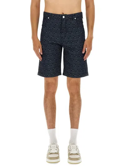 Fendi Ff Jacquard Denim Shorts In Blue