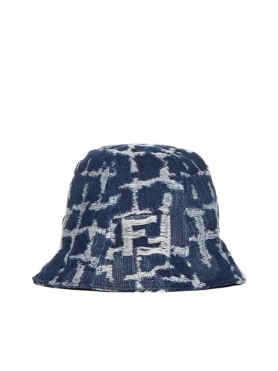 Fendi Ff Jacquard Distressed Denim Bucket Hat In Blue