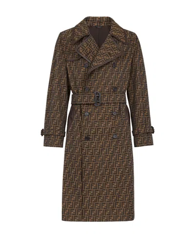 Fendi Ff Jacquard Double-breasted Trench Coat In Brown