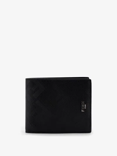 Fendi Ff Jacquard Fabric And Leather Bifold Wallet In Black
