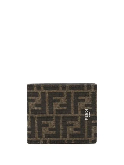 Fendi Ff Jacquard Fabric Bi-fold Wallet In Brown
