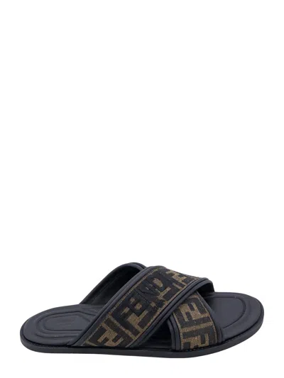 Fendi Double Crossed Band Logo Slides With Jacquard Ff Design In Black