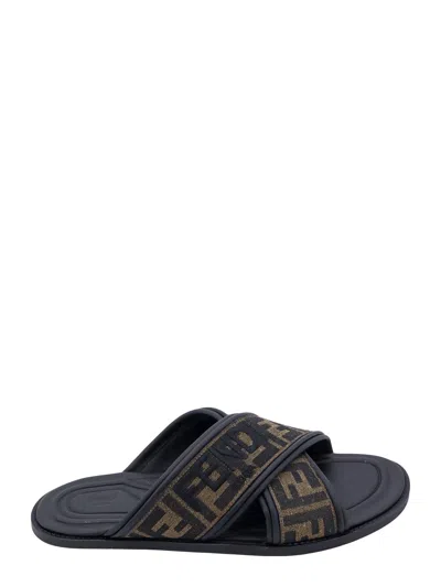 Fendi Ff Jacquard Fabric Sandals With Embroidered Logo In Black
