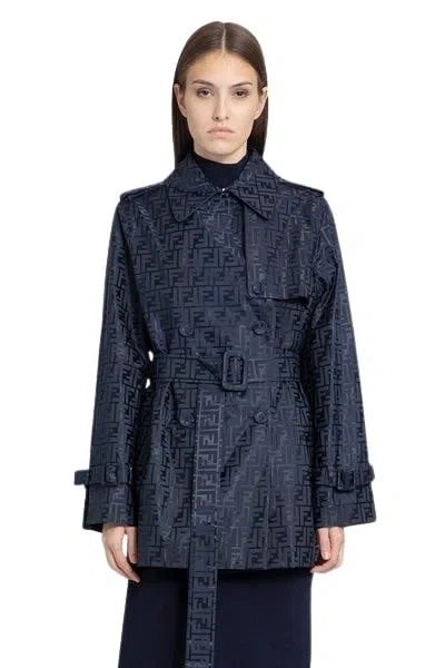 Fendi Ff Jacquard Fabric Trench Short Coat In Blue