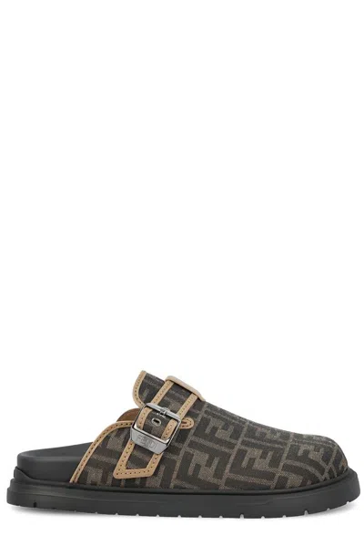 Fendi Ff Jacquard Feel Sabots In Brown