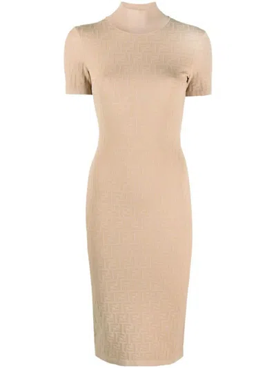 Fendi Monogrammed Turtleneck Dress In Beige