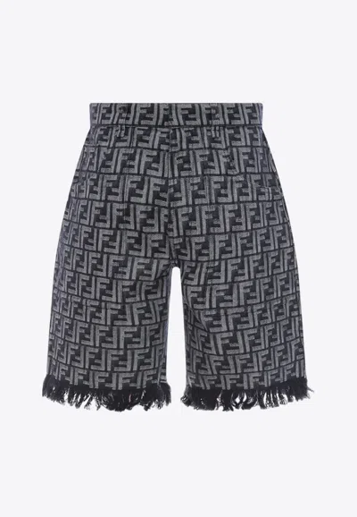 Fendi Ff Jacquard Frayed Bermuda Shorts In Gray