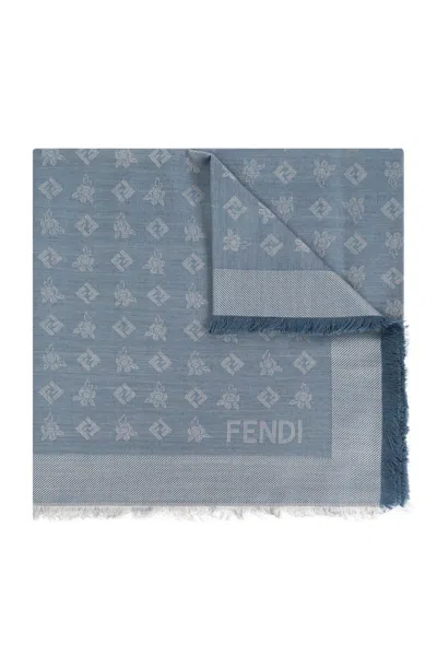 Fendi Ff Jacquard Frayed-edge Scarf In Blue