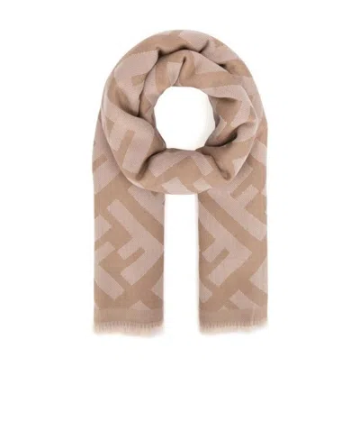 Fendi Ff Jacquard Frayed-edge Scarf In Nude