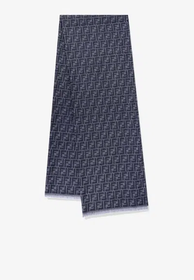 Fendi Ff Jacquard Frayed Wool Scarf In Blue