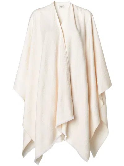 Fendi Ff Jacquard Fringe Poncho In Wool And Silk Blend In White