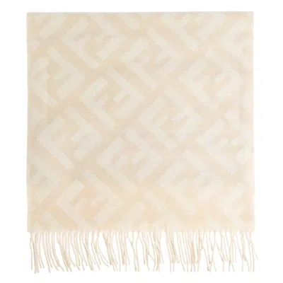Fendi Ff Jacquard Fringed Cashmere Scarf In White