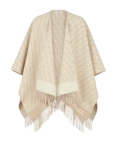 Fendi Ff-jacquard Fringed Poncho In Nude
