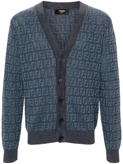 Fendi Embroidered Stretch Linen Blend Cardigan In Blue