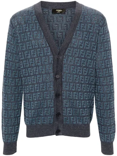 Fendi Embroidered Stretch Linen Blend Cardigan In Blue