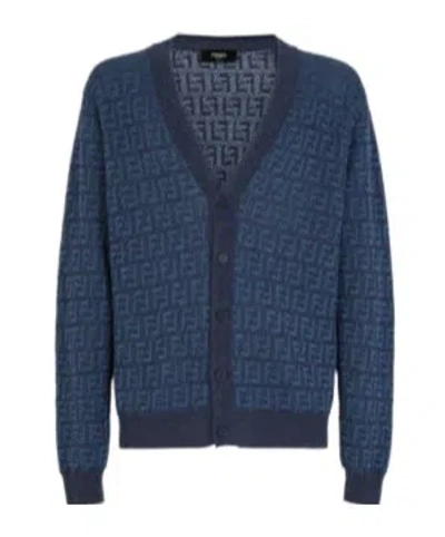 Fendi Embroidered Stretch Linen Blend Cardigan In Blue