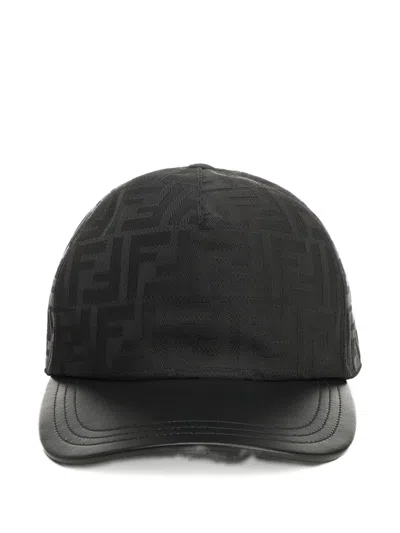 Fendi Ff Jacquard Leather-trim Baseball Cap In Black