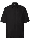 Fendi Men Black Oversize Shirt With Short Wide Sleeves And All-over Ff Embroidery In Linen Blend Man In Black
