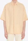 Fendi Men Yellow Shirt With Wide Short Sleeves And All-over Ff Motif In Linen Blend Man In Neutral