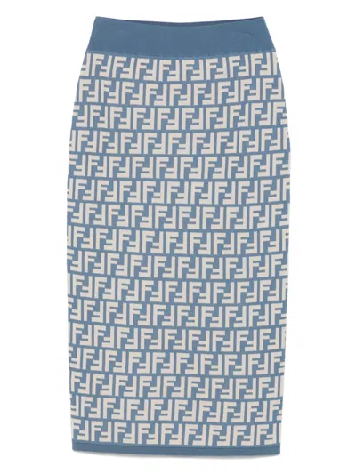 Fendi High-waisted Knit Knee-length Skirt With All-over Pattern In Blue
