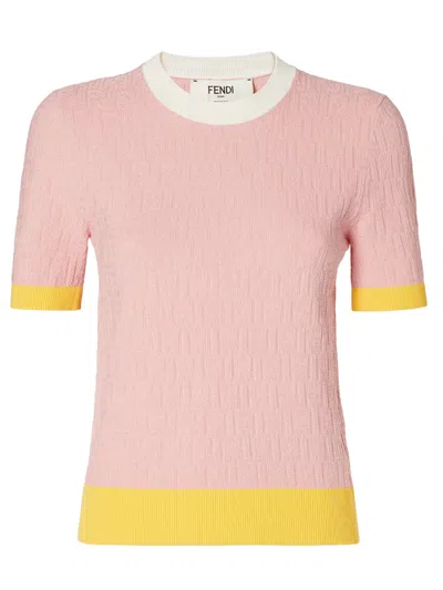 Fendi Ff Jacquard Mini Crewneck Short-sleeve Sweater With Contrast Ribbed Color-block Edges In Pink