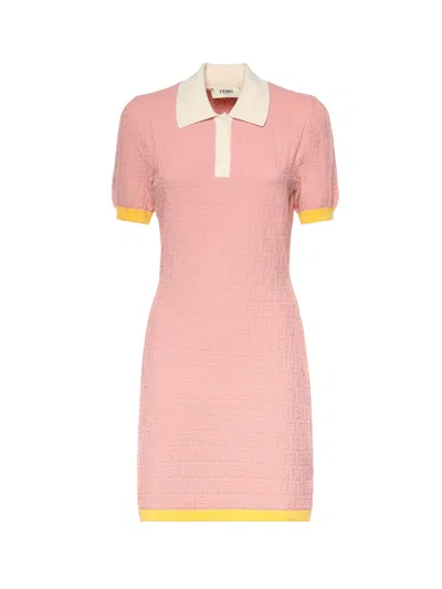 Fendi Women Cotton And Silk Blend Short Dress With All-over Ff Motif In Pink