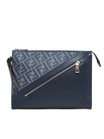 Fendi Ff Jacquard Panelled Zipped Clutch Bag In Blue