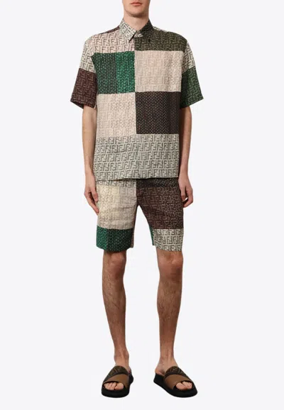 Fendi Men Linen Shirt With All-over Ff Print In Multi