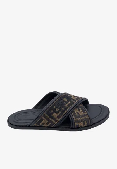 Fendi Double Crossed Band Logo Slides With Jacquard Ff Design In Black
