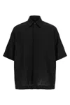 Fendi Men Black Oversize Shirt With Short Wide Sleeves And All-over Ff Embroidery In Linen Blend Man