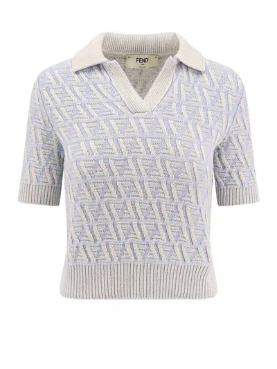 Fendi Ff Jacquard Short Sleeved Knitted Jumper In Blue