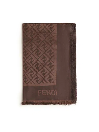 Fendi Ff Jacquard Silk And Wool Shawl In Brown