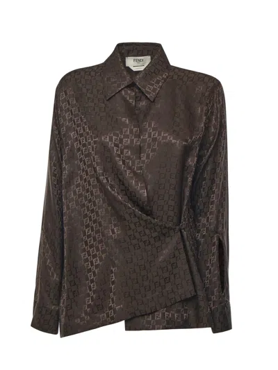 Fendi Ff Jacquard Asymmetric Long-sleeved Shirt In Black
