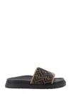 Fendi Brown Ff Jacquard And Beige Leather Slides