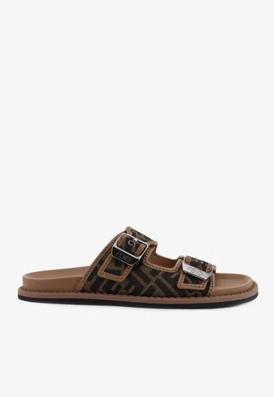 Fendi Ff Jacquard Slides In Brown