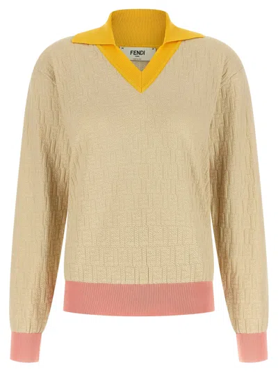 Fendi Knitwear Long Sleeves V Neck Contrasting Collar In Neutral