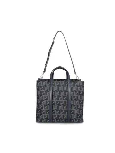 Fendi Ff Jacquard Top Handle Bag In Denim Blu