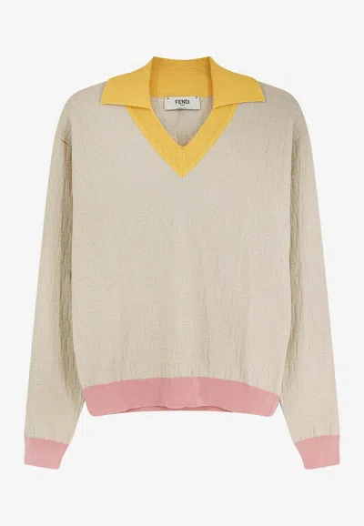 Fendi Ff Jacquard V-neck Sweater In Ecru
