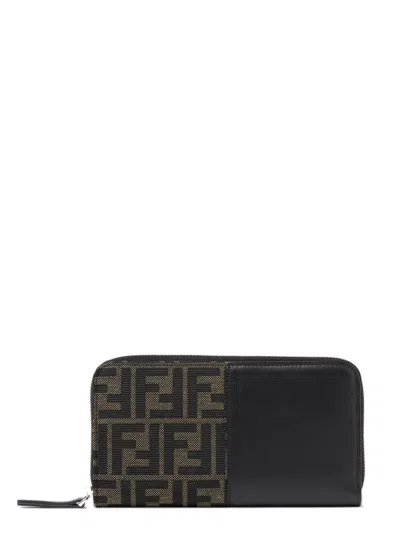 Fendi Ff Jacquard Zip Around Wallet In Black