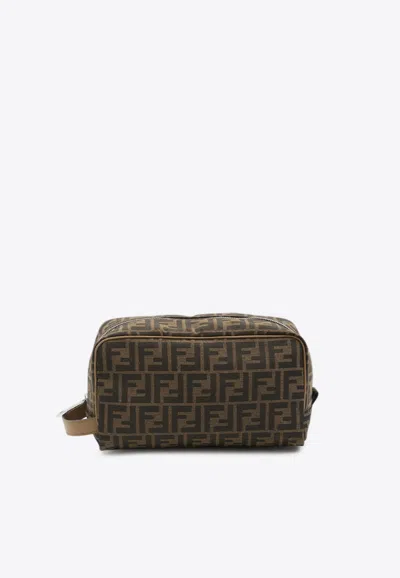 Fendi Ff Jacquard Zip Pouch Bag In Brown