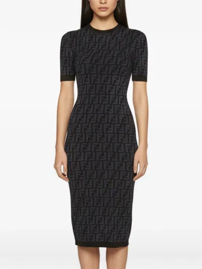 Pre-owned Fendi Ff Karligraphy Jacquard-knit Midi Dress In Black