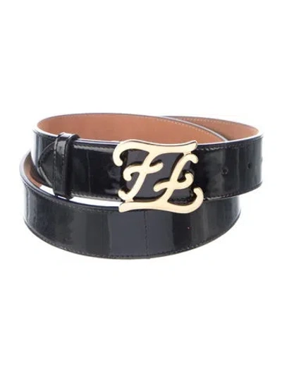 Pre-owned Fendi Ff Karligraphy Patent Leather Belt Kit In Black