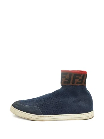 Pre-owned Fendi Ff Knit High-top Sneakers In Blue