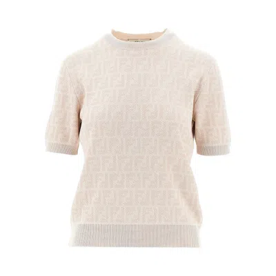 Fendi Women Pink Crewneck Sweater With All-over Ff Motif In Wool Woman In Neutral