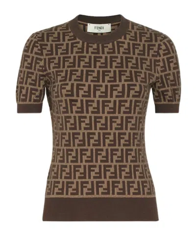 Fendi Women Brown T-shirt With Short Sleeves And All-over Ff Motiv In Cotton Woman In Black