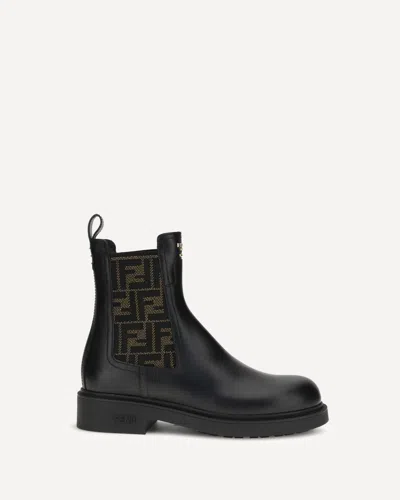FENDI FF LEATHER AND FABRIC ANKLE BOOTS