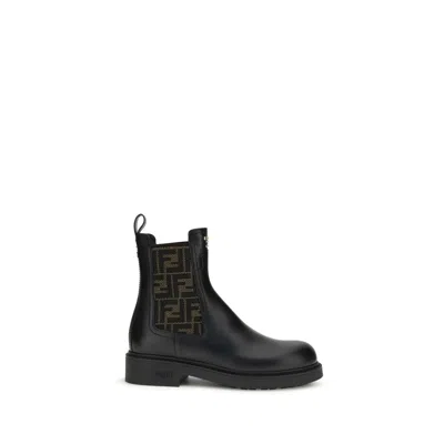 Fendi Ff Leather And Fabric Ankle Boots In Brown