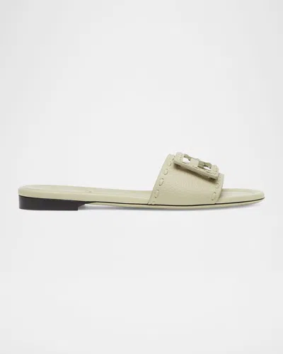Fendi Ff Leather Buckle Flat Slide Sandals In Green