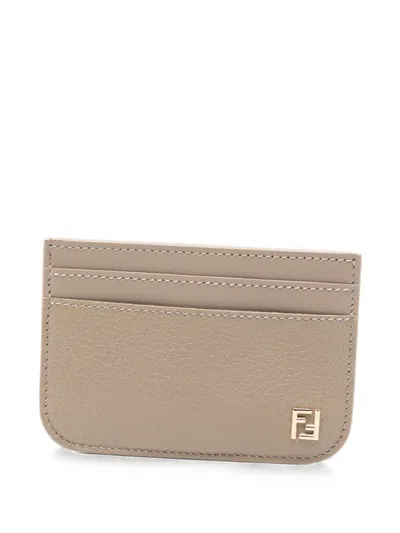 Fendi Ff Leather Card Case In Grey