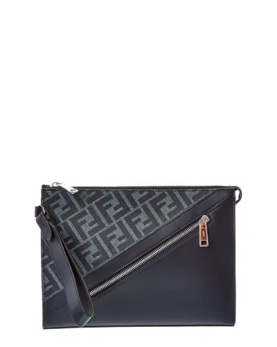 Fendi Ff Leather Pouch In Blue